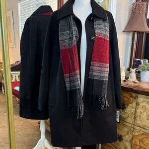 London Fog Black Wool Blend Pea Coat with Red and Gray Scarf